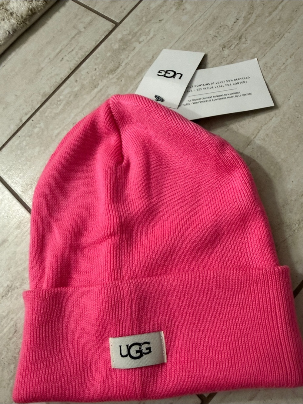 UGG ladies Hot Pink Fold-Over Beanie with logo ..one size ..authentic